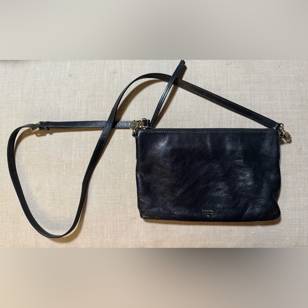 Fossil Sydney Black Double Zip Top Pebbled Leather Crossbody Handbag